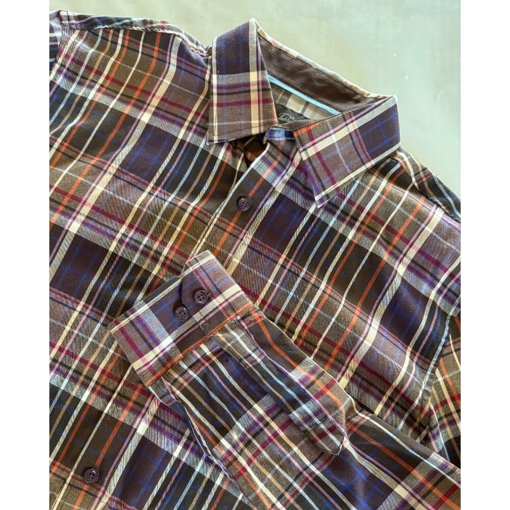 Tasso Elba Shirt Mens 15 15.5 Medium Brown Combo Plaid Button Up Long Sleeve